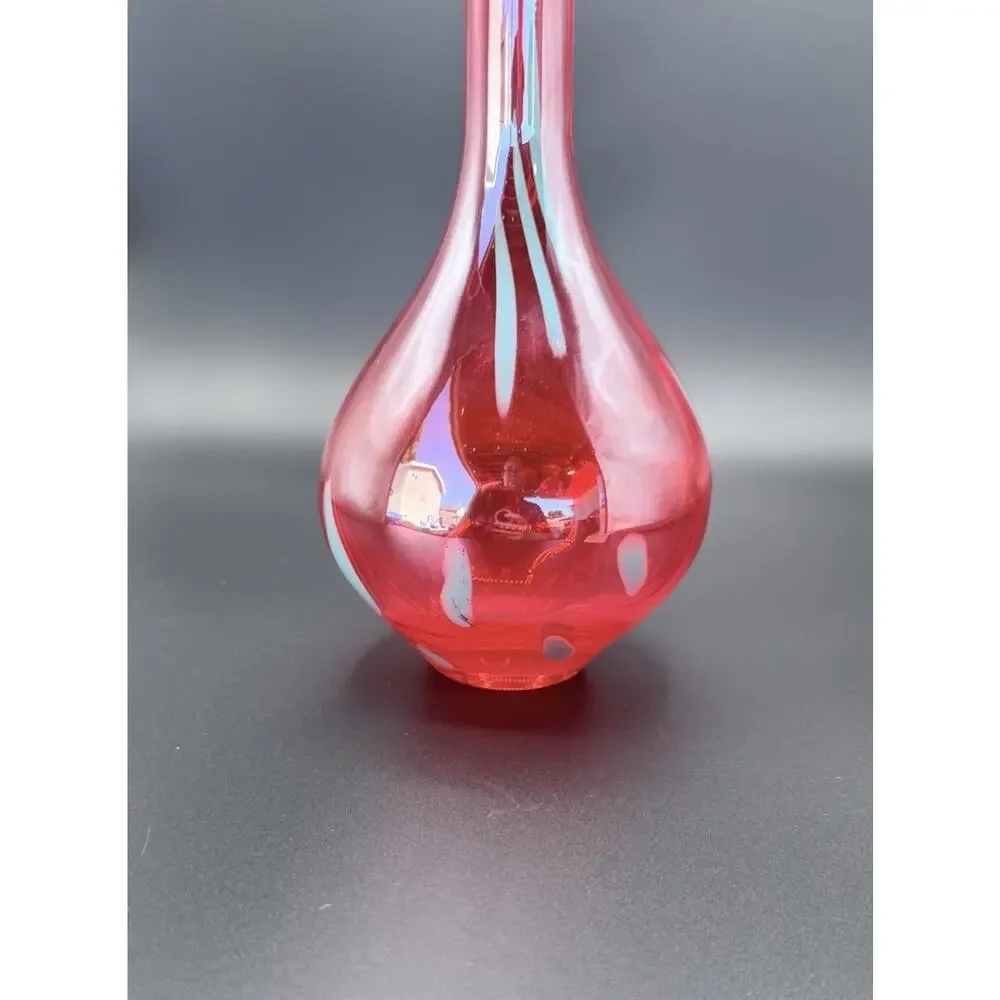 Vintage Red Swung Glass Bud Vase Applied Blue Dots MCM Art Glass 12”